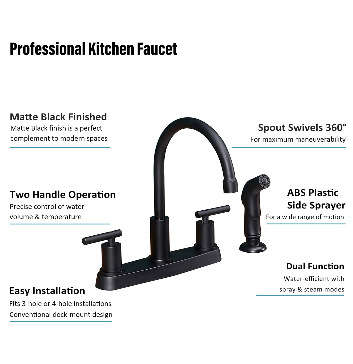 Black Kitchen Faucet  Matte Black Kitchen Faucet with Sprayer  3 Hole or 4 Hole Matte Black Faucet for Kitchen Sink  Touch Kitchen Faucet with Side Sprayer TDLKF024B
