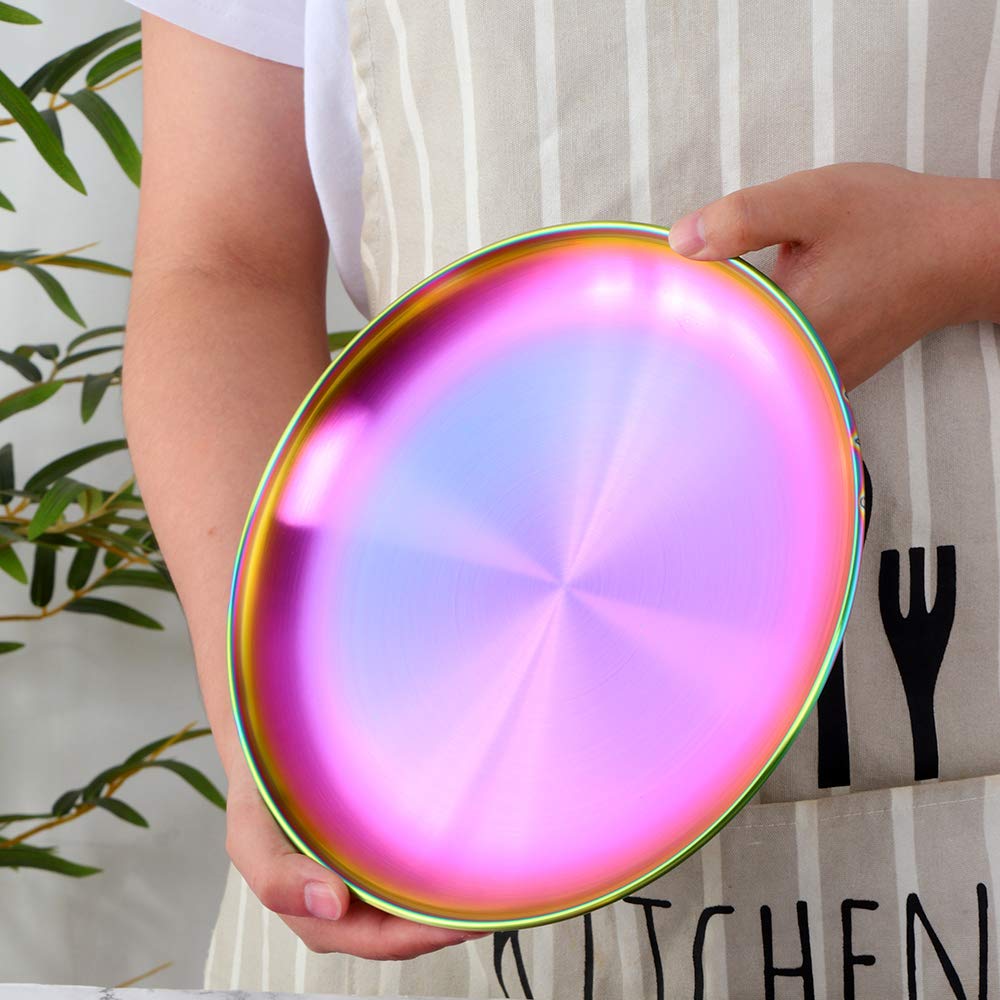 Buyer Star Rainbow Dinner Plates Set,4 Pieces Dishes Stainless Steel Dessert Salad Plate Kitchen Essentials For Home Camping Par