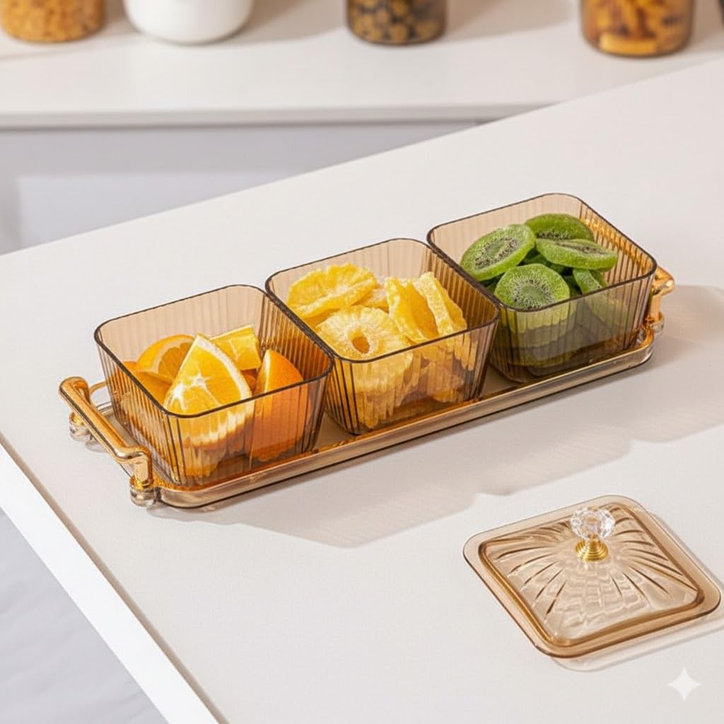 Plastic Snack Serving Tray With 3 Square Lidded Containers And Gold-Tone Handle Stand (3 Grids Dry Fruit Tray)