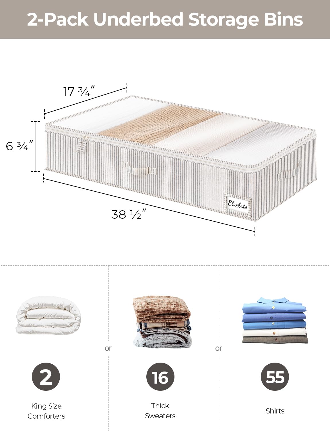 StorageWorks Underbed Storage Bins, Under Bed Storage Containers with Zippers, Closet Organizer for Clothes, Blankets, Gray and