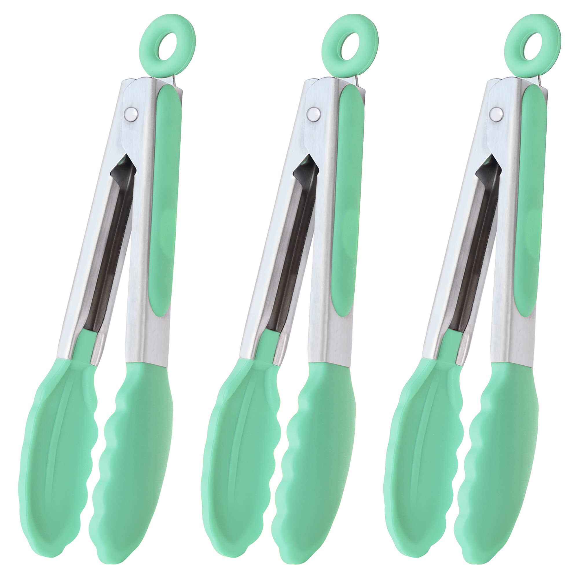 Hinmay Mini Tongs With Silicone Tips 7 Inches Silicone Cooking Tongs, Set Of 3 (Mint)