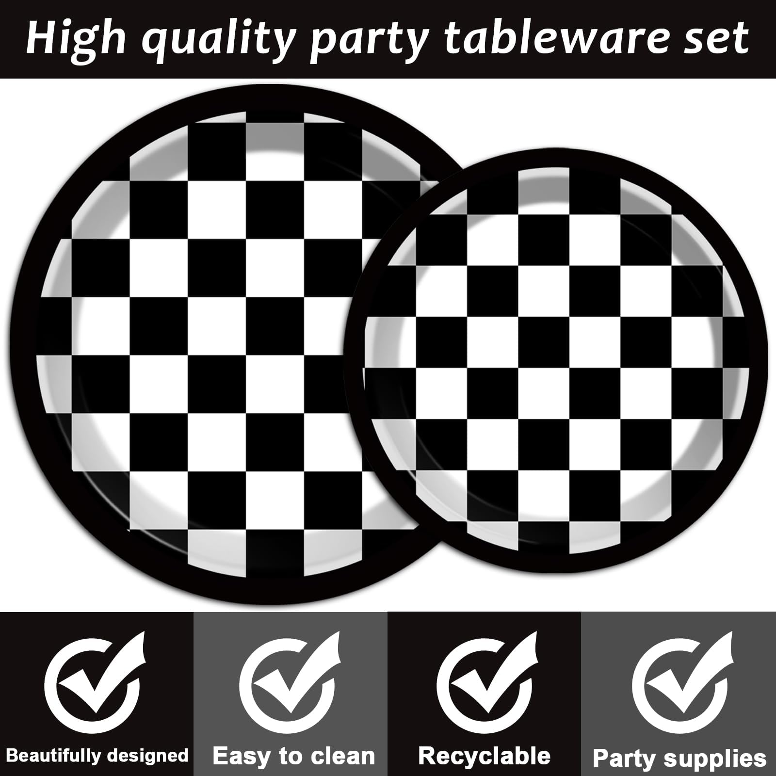 200 Pcs Checkered Flag Party Supplies Black And White Checkered Paper Plates Racing Car Party Plates Napkins Forks Disposable Bl