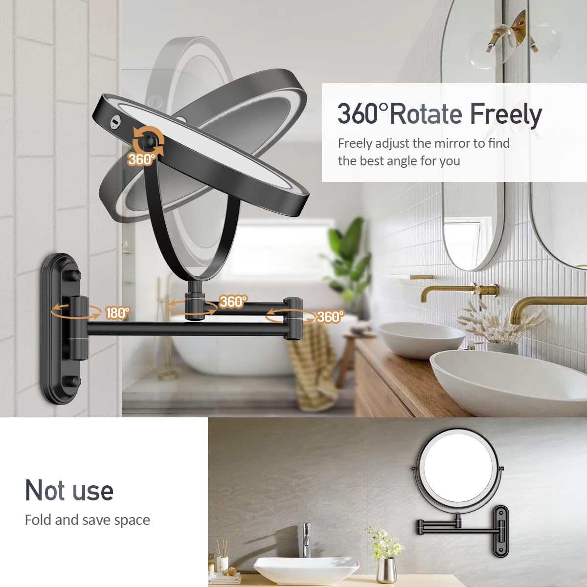 Rocollos Rechargeable Lighted Wall Mounted Makeup Mirror With 3 Color Lights,Dimmable Touch Screen,8 Inch Led Double Sided 1X/10