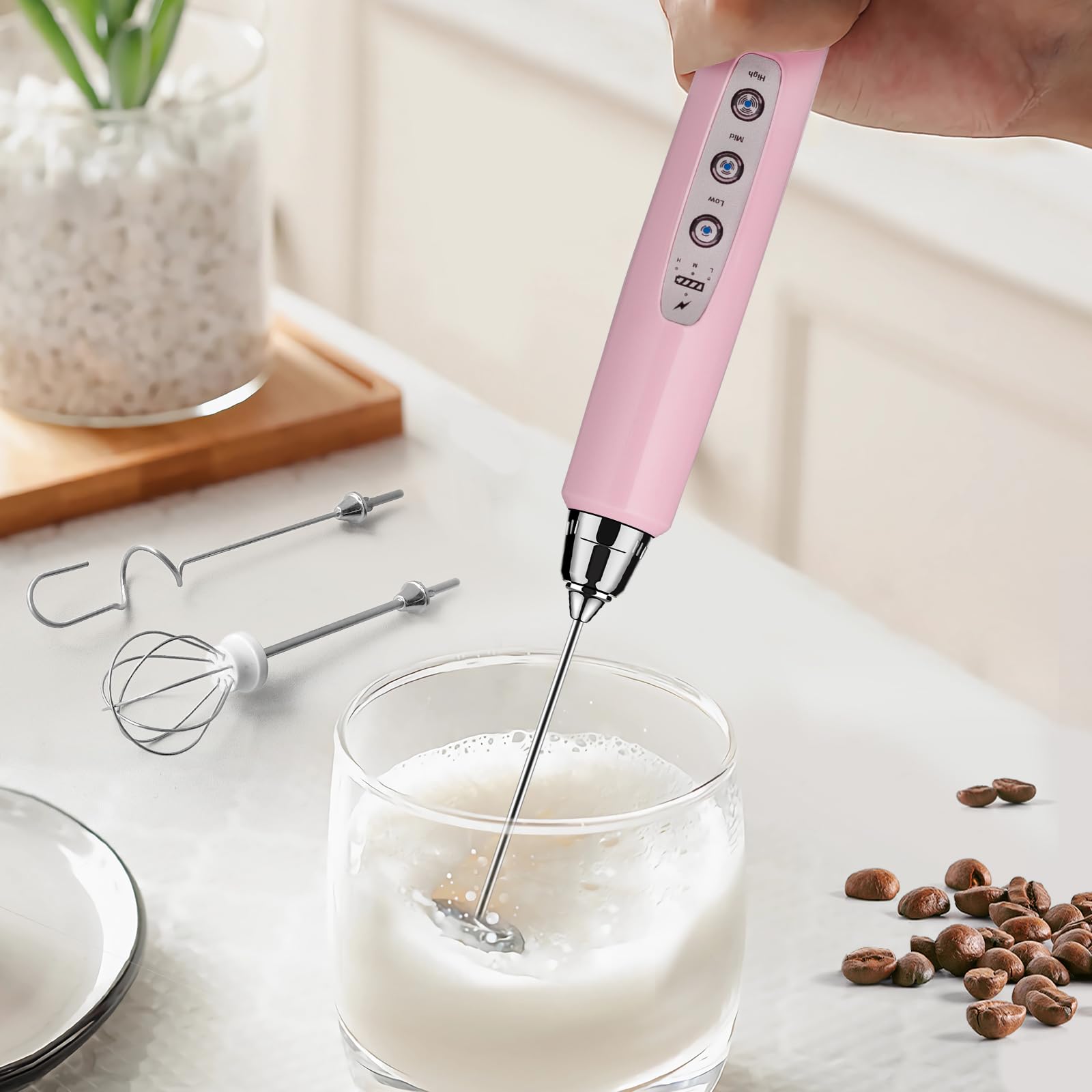 Sakgos Milk Frother Rechargeable Handheld - Electric Whisk 3 Speed Adjustable, Coffee Frother Wand With 3 Stainless Whisks, Elec