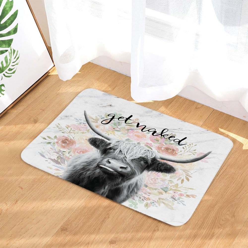 JAWO Get Naked Bath Mat for Bathroom  Farmhouse Highland Cow Bull Non-Slip Bathroom Rug  Farmhouse Bath Mat  Bathroom Accessories 17X29inches