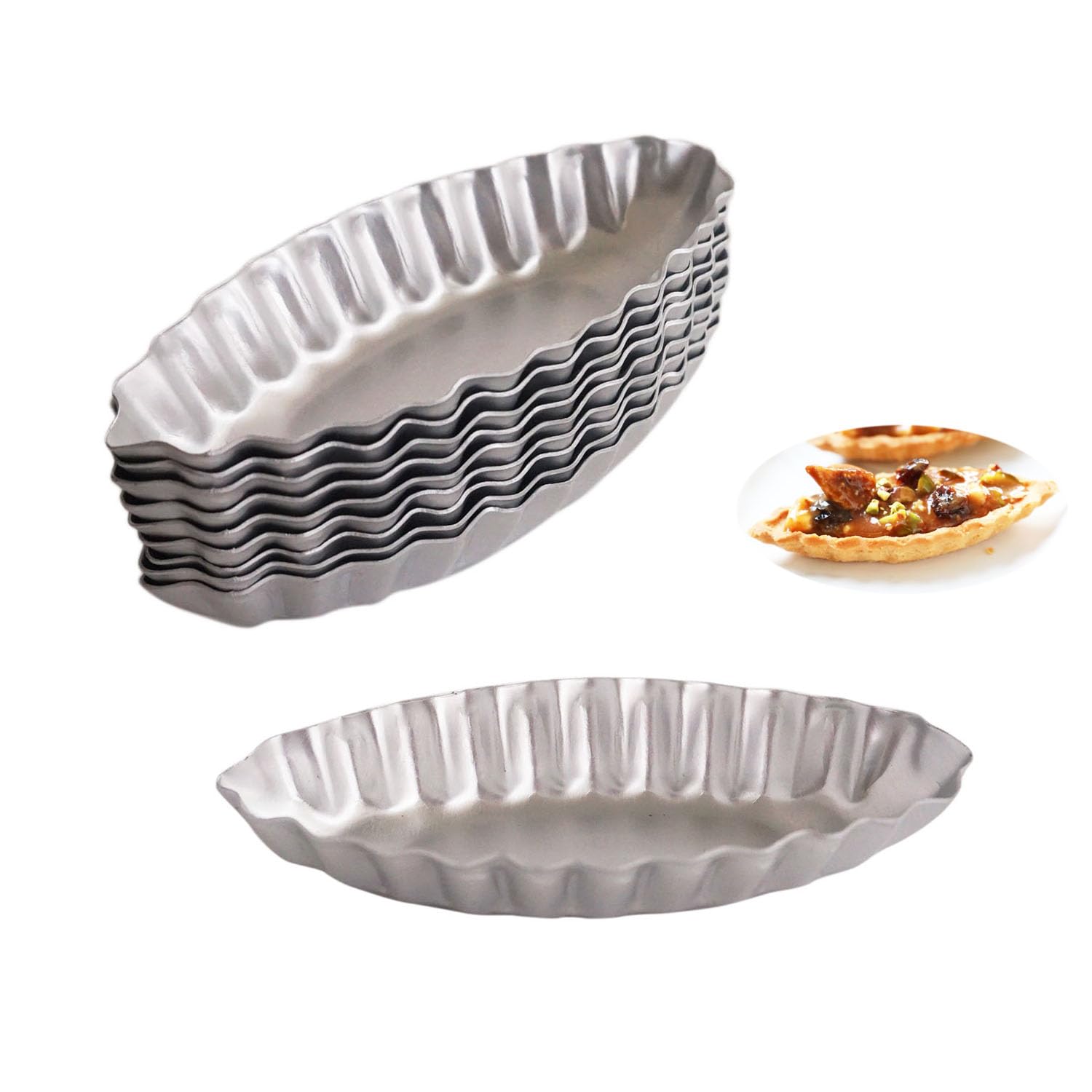 LoveDeal Tiny Aluminum Boat Tart Pan Fluted Oval Baking Mold, Wavy Tartlet