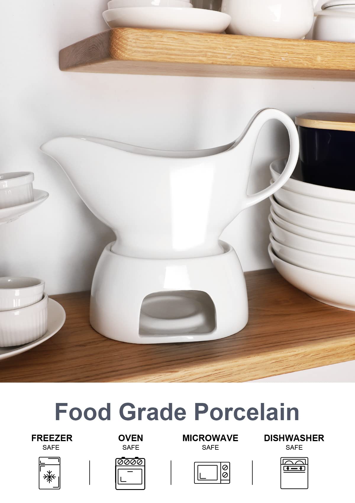 Nucookery Large Classic 17 Oz Gravy Boat With Warmer, White Fine Porcelain Saucier With Big Dripless Lip Spout, Bowl For Thanksg