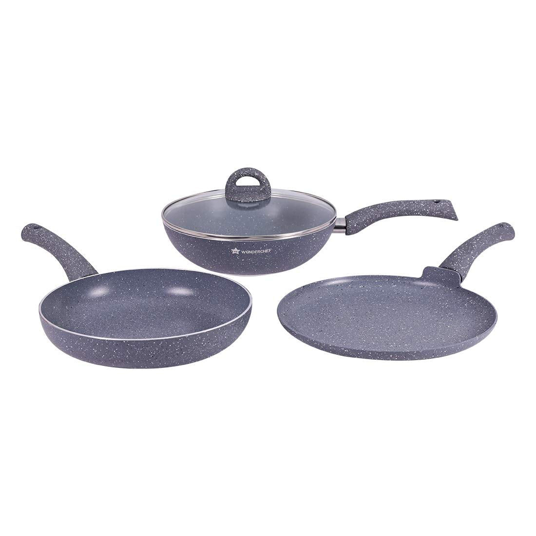 Wonderchef Granite Nonstick 4 Piece Cookware Set(Frying Pan With Lid, Wok, Dosa Tawa), Induction Bottom, Soft-Touch Handles, Pur