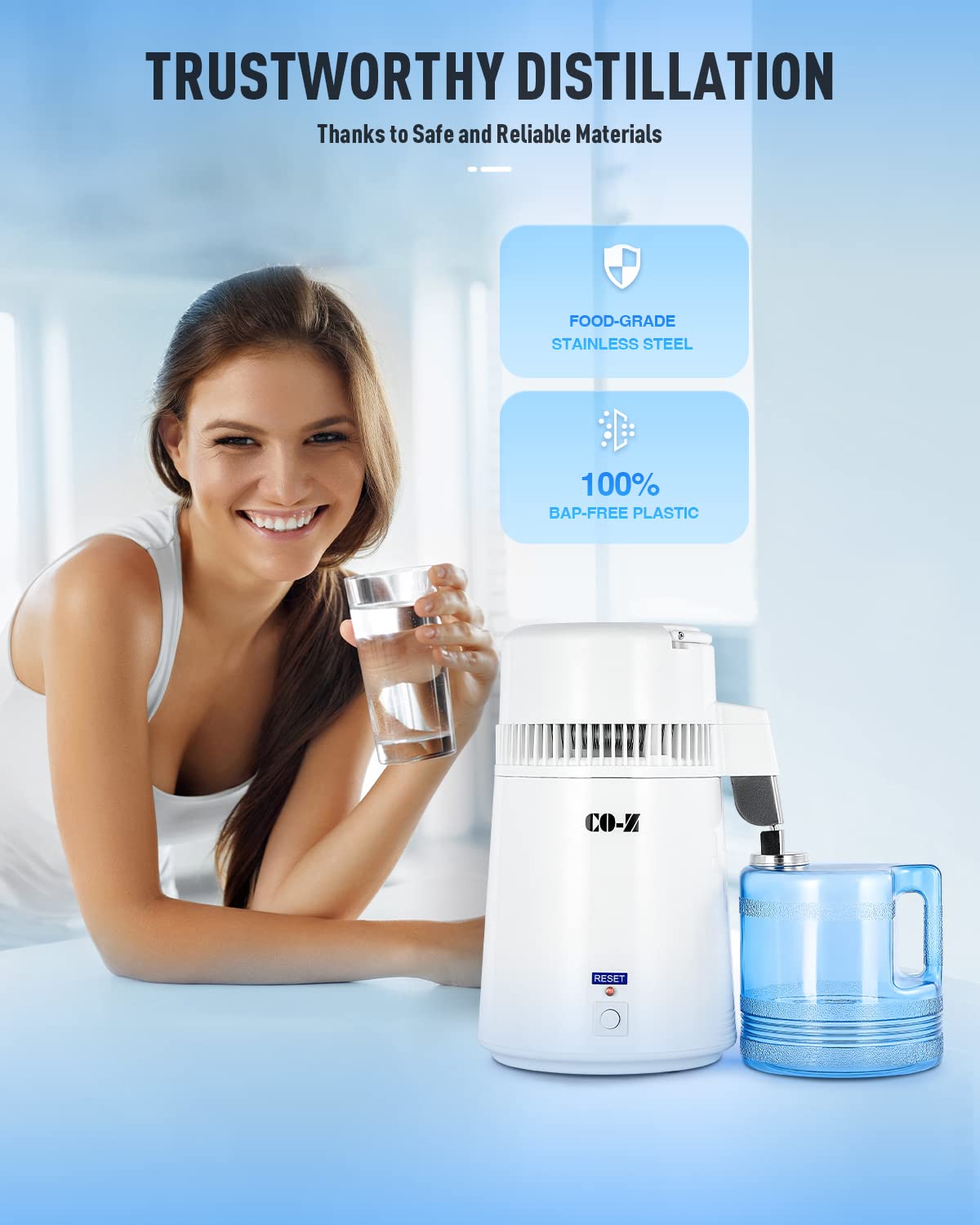 Co-Z 1.1 Gallon Water Distiller, 750W Countertop Home Office Countertop Distiller Water Making Machine, 4L Distilled Clean Water