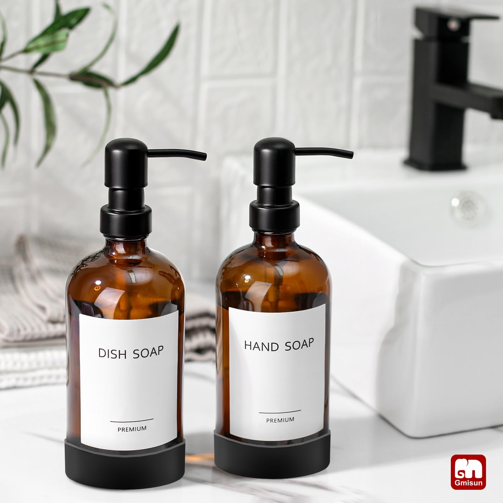 Gmisun Amber Glass Soap Dispenser With Silicone Sleeve, 2 Pack Bathroom Hand Soap Dispenser With Stainless Steel Pump, 16Oz Kitc