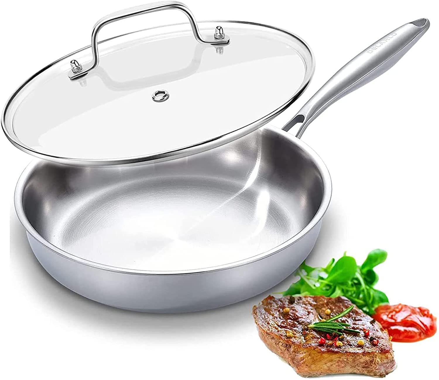 DELARLO Tri-Ply Stainless Steel Frying Pan?9 inch Skillet with Lid?All Cooktops Compatible Up to 600??Enegry Saving?Kitchen Egg 