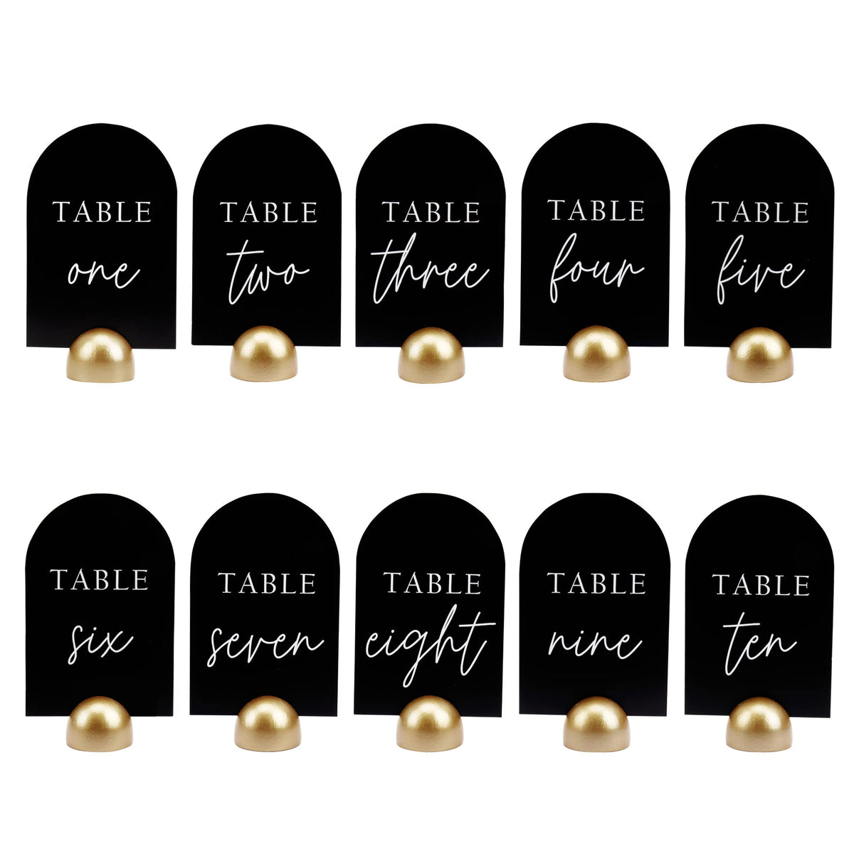 Hanna Roberts Modern Cursive Table Number Black Card Stock Half Circle Signs With Round Stand For Wedding Reception, Restaurant,