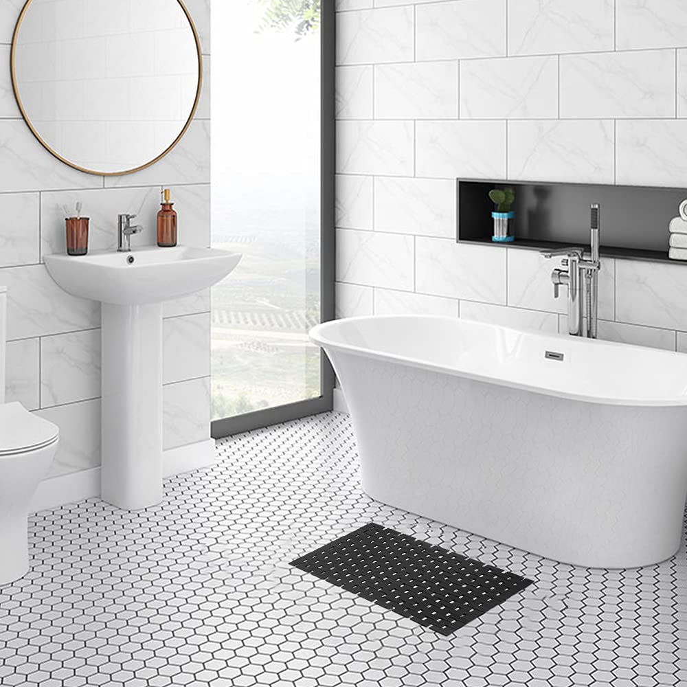 Fovlaurs Bambo Bath Mat Bathroom Rugs Floor Wood Shower Bathtub Waterproof Non Slip Black Accessories 16X24 Inch Easy To Clean,
