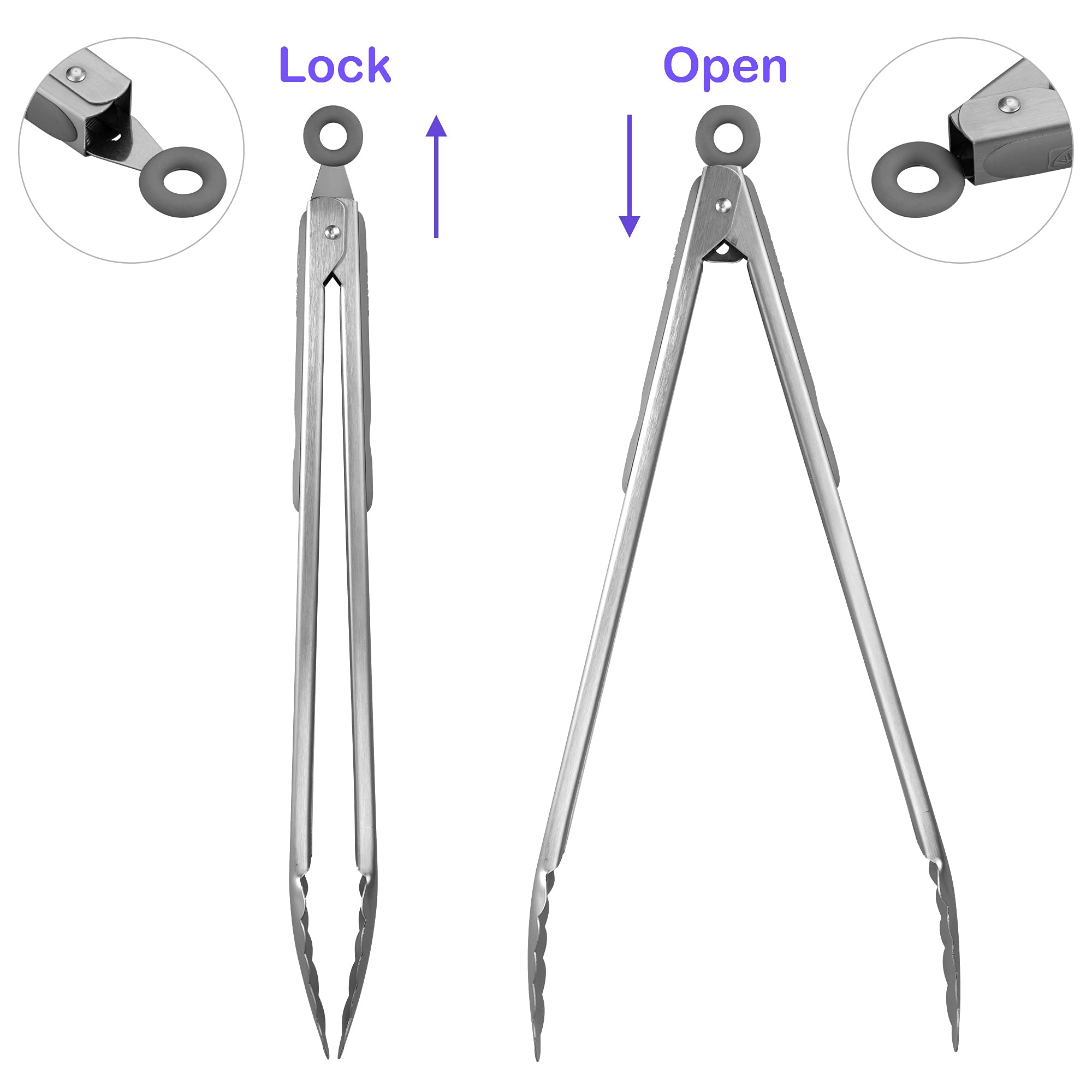 304 Stainless Steel Kitchen Cooking Tongs, 14'' And 16'' Set Of 2 Sturdy Grilling Barbeque Brushed Locking Food Tongs With Ergon
