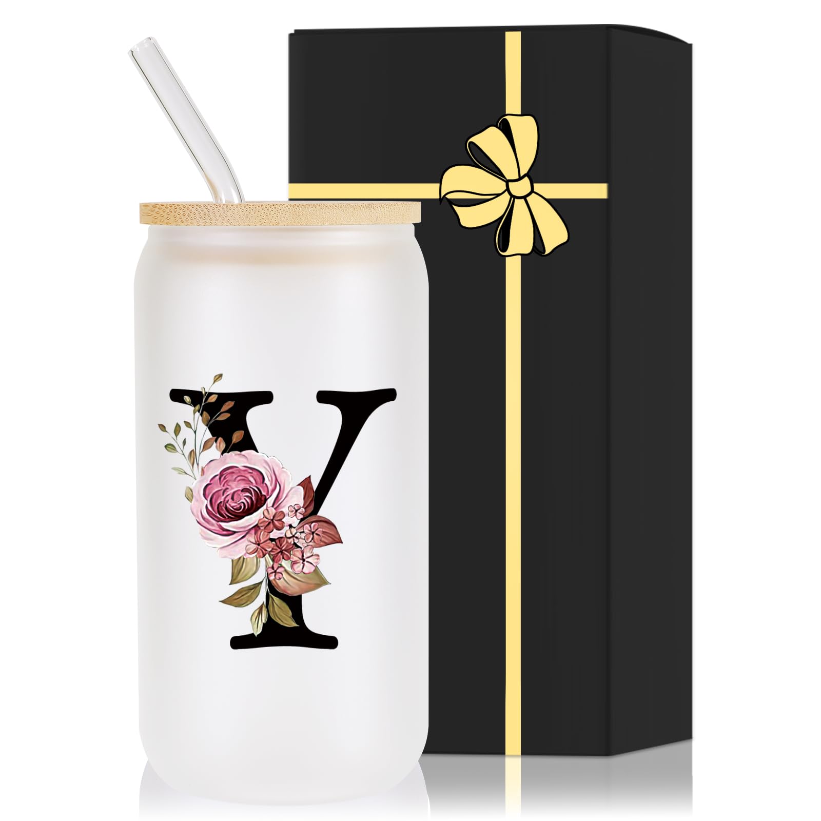 Wulcea Monogrammed Glass Drinking Cup With Lid Straw Women Men Teacher Female Male Best New Appreciation Thank you Favorite Good