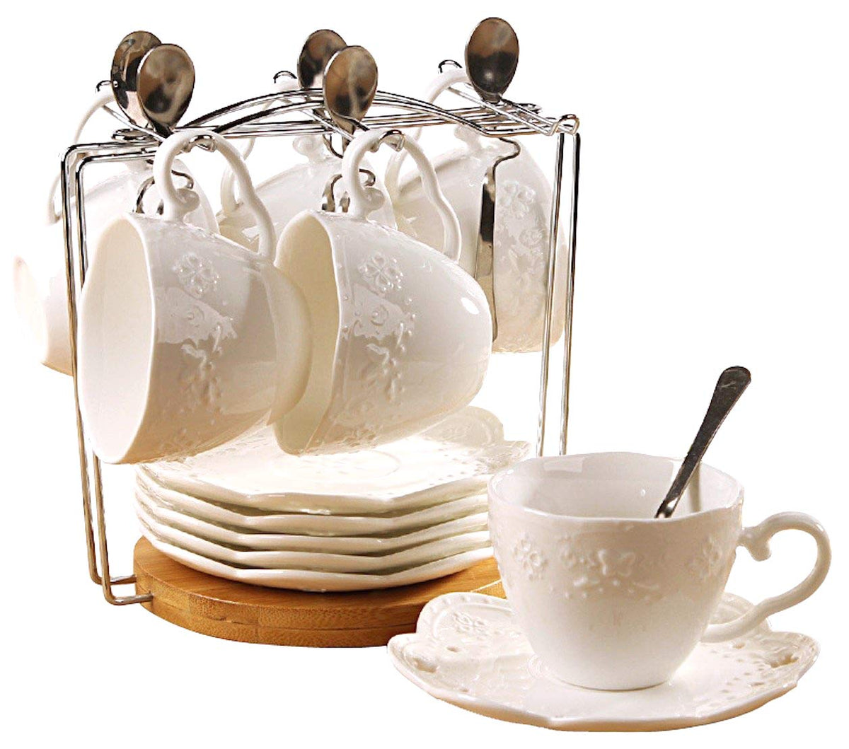 Jusalphaa White Porcelain 5Oz- Tea Cup And Saucer Coffee Cup Set With Saucer And Spoon, Set Of 6 (6 Tea Cup Set With Bracket)