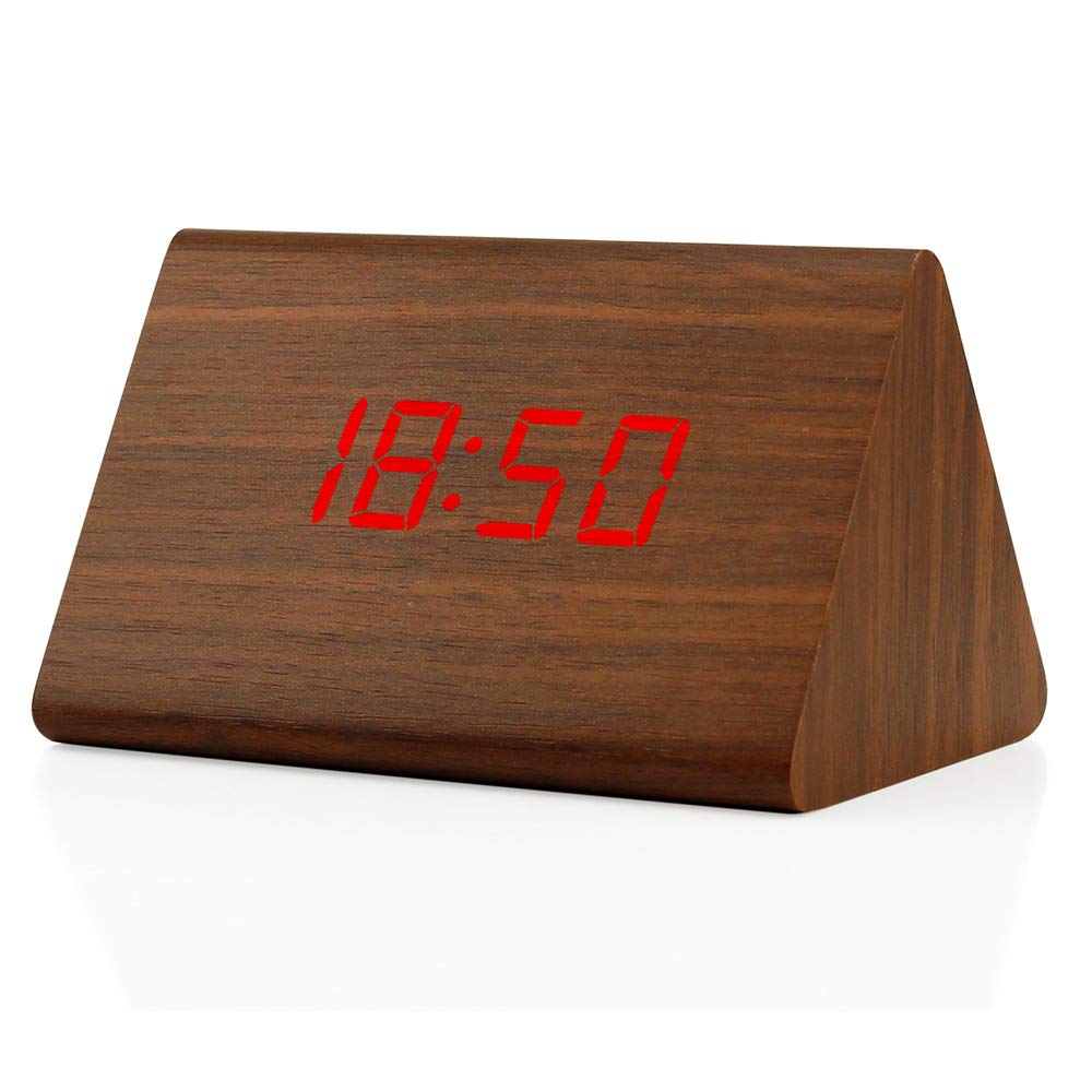 GEARONIC Digital Alarm Clock Wooden Alarm Clock Wood Modern Triangle Alarm Digital Desk Clock, Displays Time Date Temperature Ca