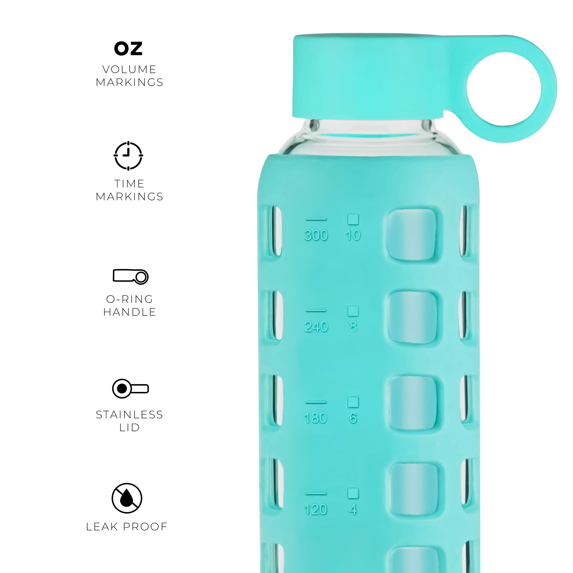 purifyou Premium 40/32 / 22/12 oz Glass Water Bottles with Volume & Times to Drink  Silicone Sleeve & Stainless Steel Lid Insert  Reusable Bottle for Fridge Water  Milk  Juice (12oz Aqua Blue)