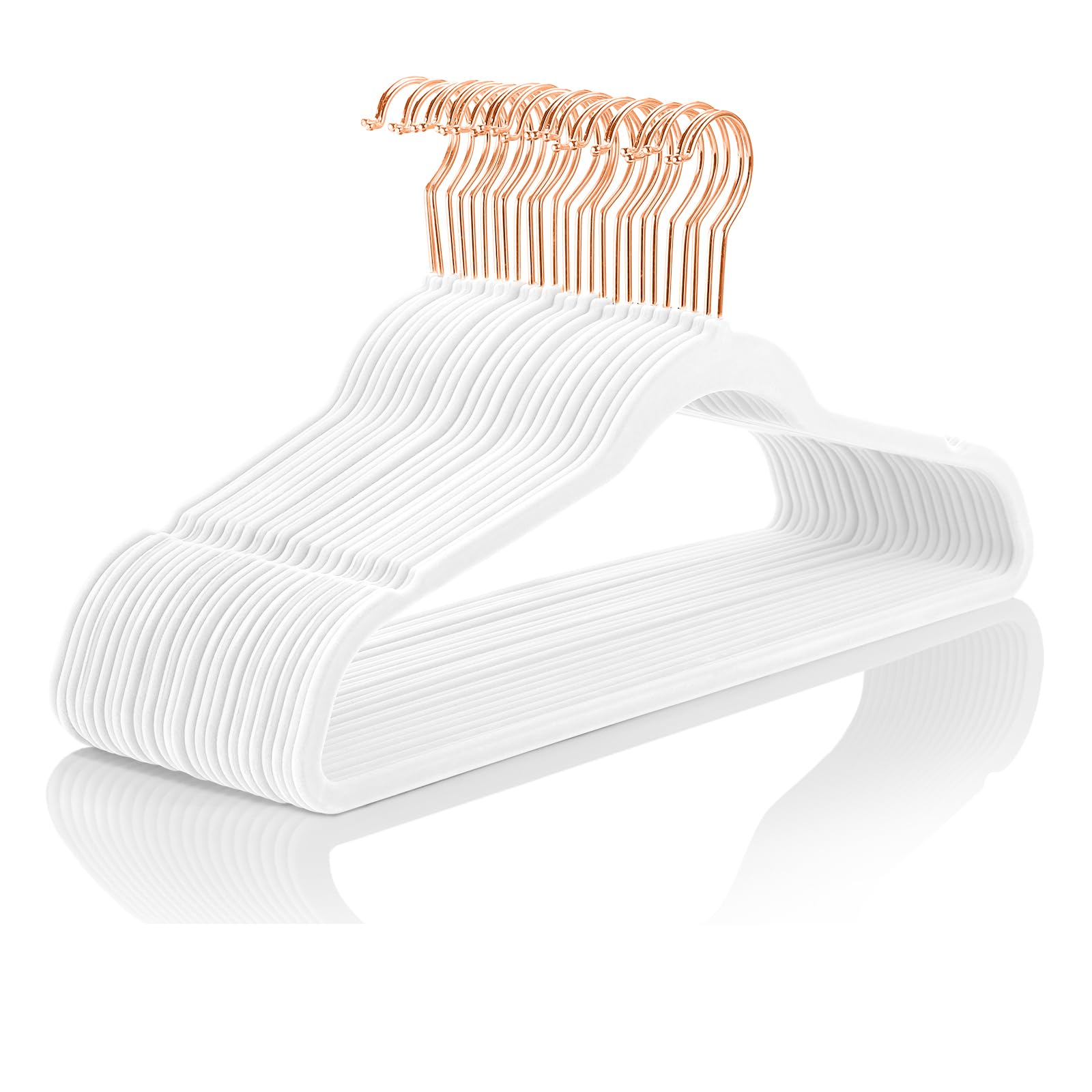 MIZGI Premium Velvet Hangers (30 Pack) Heavy Duty - Non Slip Velvet Suit Hangers White - Copper/Rose Gold Hooks Space Saving Clothes Hangers (White)