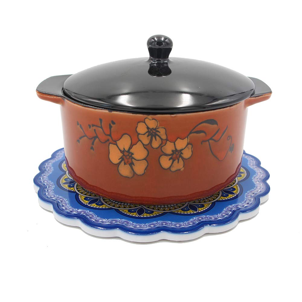 Arly Wipeable Hardboard Blue Trivets Mat For Heat Pot, Decor Cork Backed Insulation Pads With Mandala Style,Round 7.7 Inch Set O