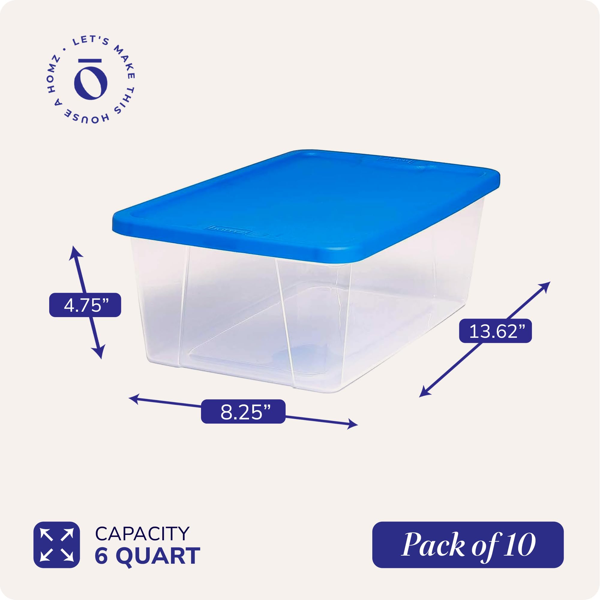 Homz 10 Pack Storage Bins, Clear Plastic Organizing Containers W/Blue Lids, 6 Quart