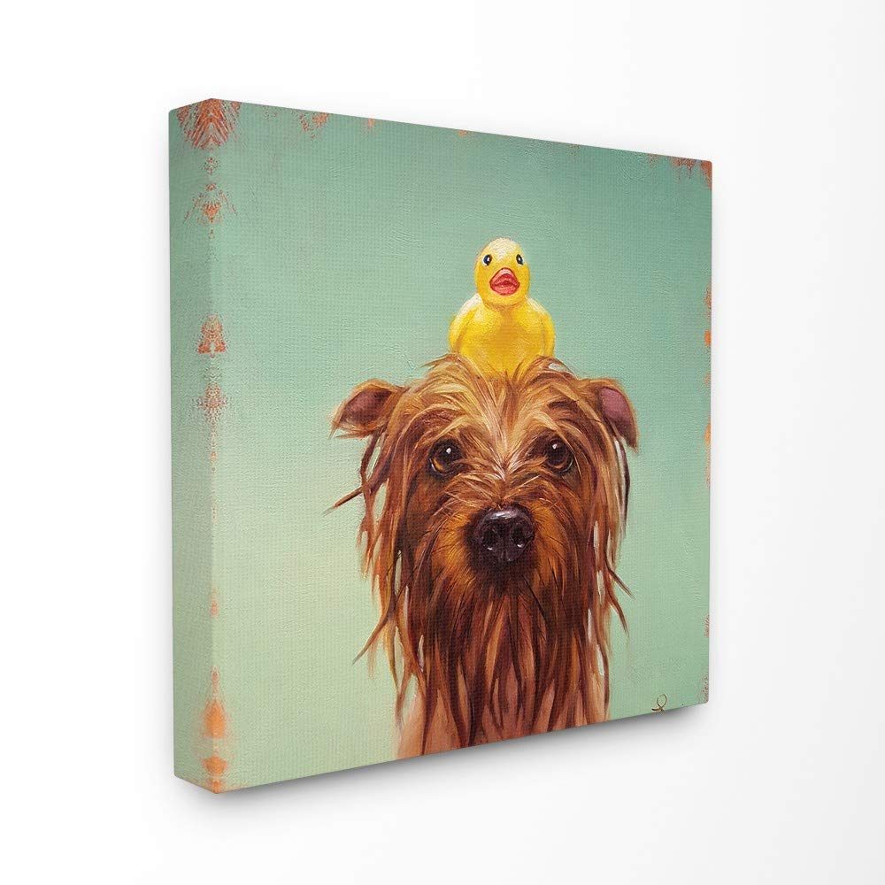 Stupell Industries Wet Dog With A Rubber Ducky Turquoise Bath Painting Canvas Wall Art, 17 X 17, Multi-Color