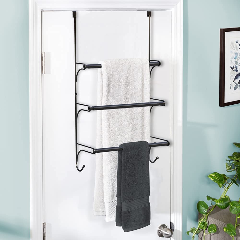 Auledio Adjustable Over The Door Triple Towel Rack With Hooks,Black