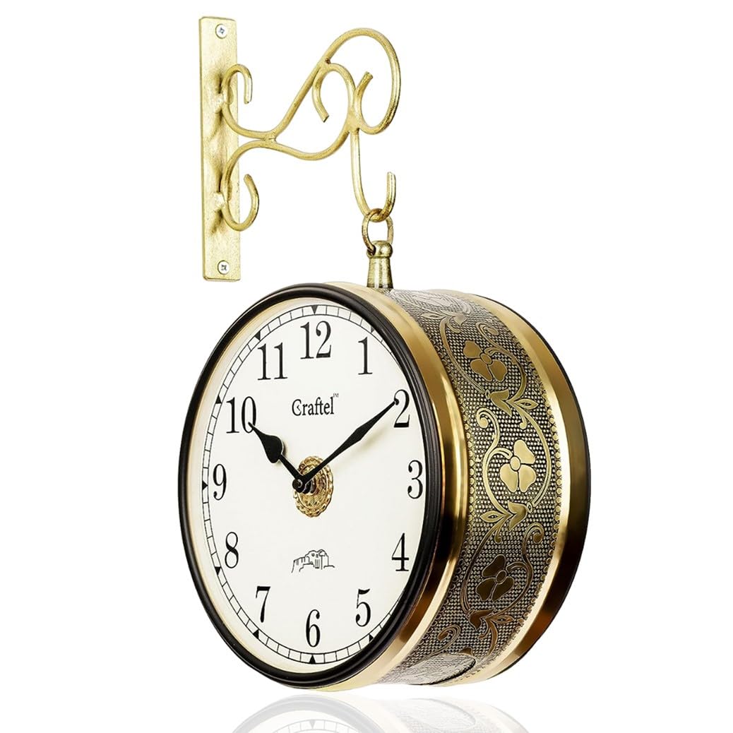 CRAFTEL Metal Analog Double Sided Vintage English Roman Station Wall Clock with Brass in dial (Shiny Gold_8 Inches)