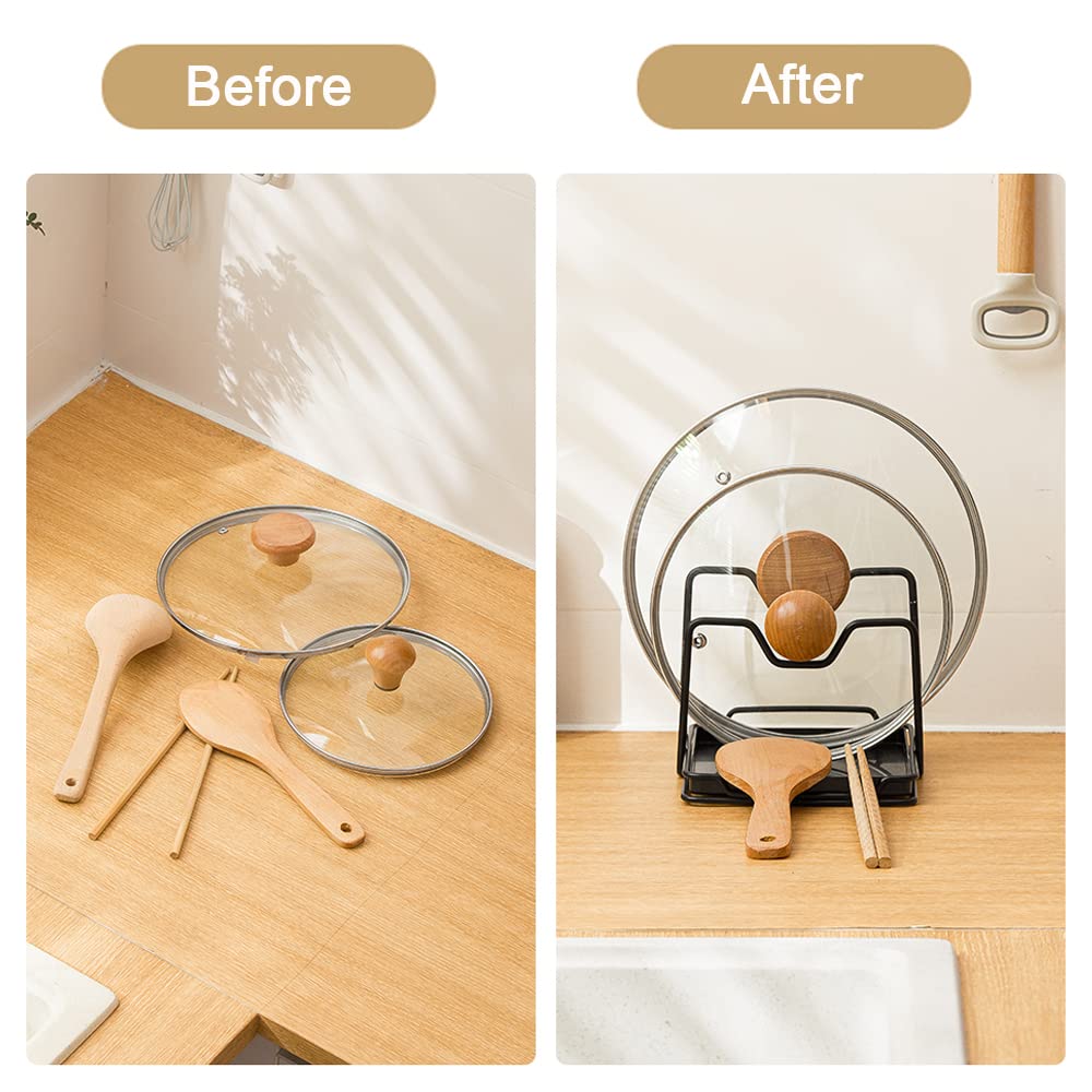 Sunfcon Pot Pan Lids Holder Cutting Board Rack Chopping Board Organizer Stand Spoon Rest W Drip Tray Kitchen Countertop Black