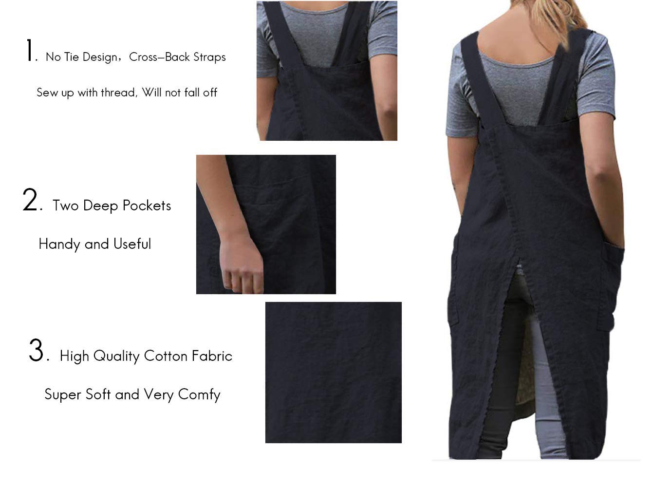 Womenas Pinafore Square Apron Baking Cooking Gardening Works Cross Back Cottonlinen Blend Dress With 2 Pockets