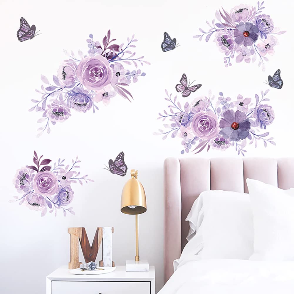 Runtoo Peony Flower Wall Decals Purple Floral Butterfly Wall Art Stickers For Girls Bedroom Living Room Bathroom Nursery Home De