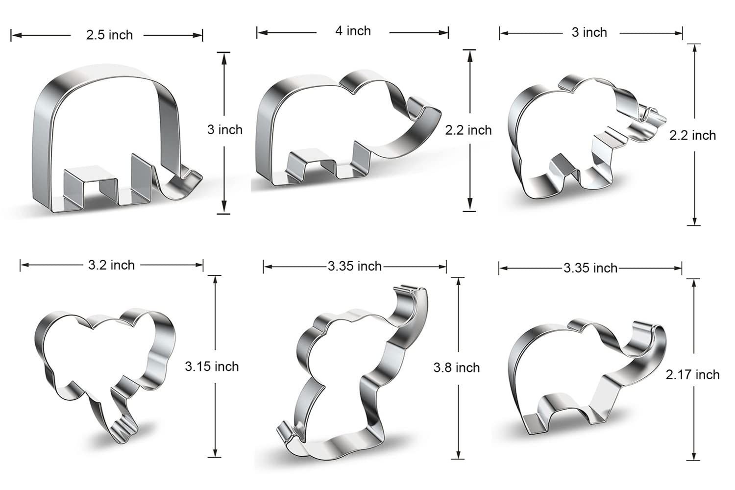 Elephant Cookie Cutter Set With Elephant Face, Cute Elephants Animal Shapes - Stainless Steel Baby Shower Cake Mold Fondant Deco