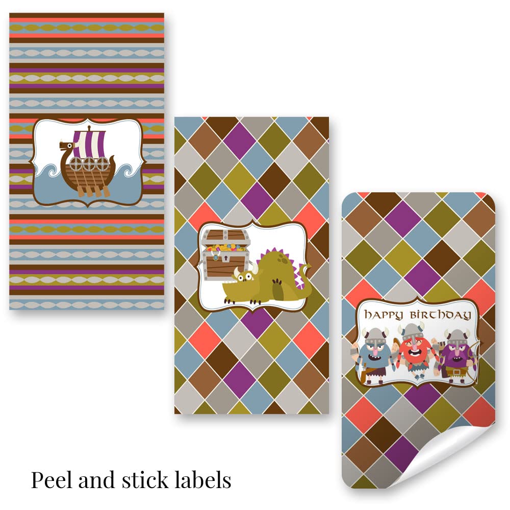 Amanda Creation Calling All Vikings Viking Themed Birthday Party Mini Chocolate Candy Bar Sticker Wrappers, 45 1.4'' X 2.6'' Wra