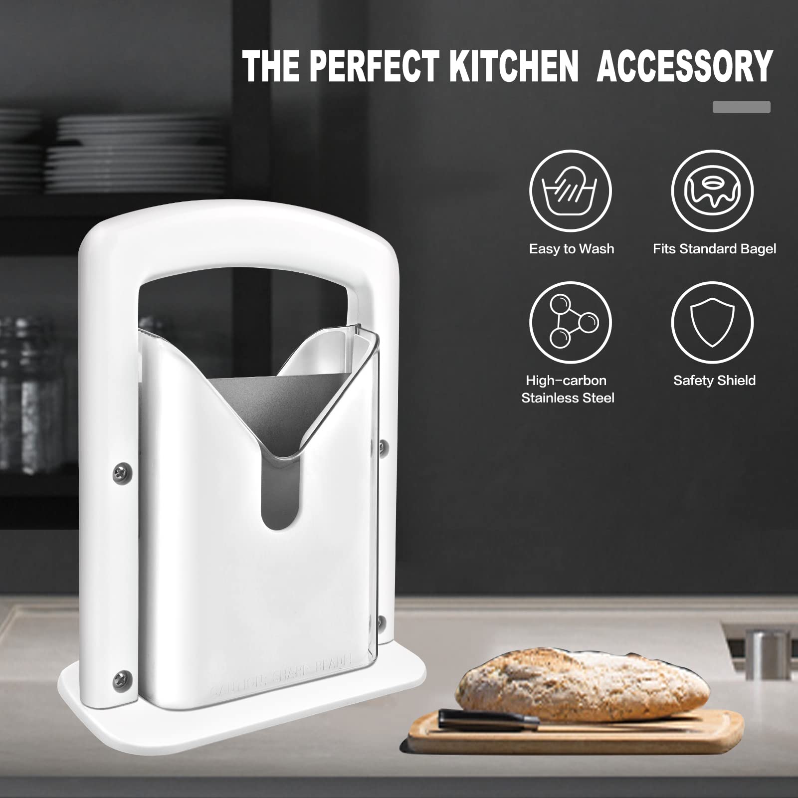 Bagel Slicer,Perfect For Bagels, Safe Grip, Guillotine Cutter, Safety Shield, Stainless Steel (White)