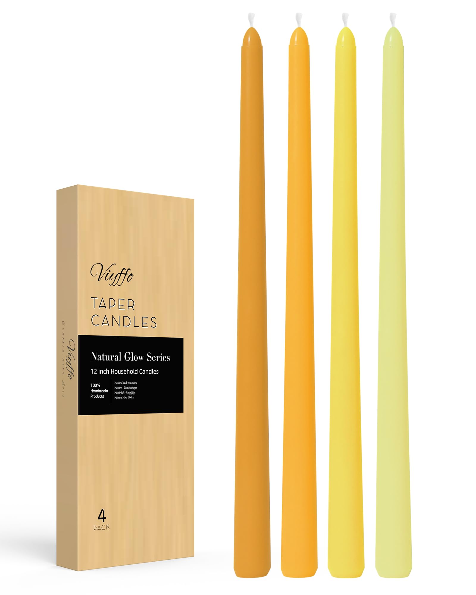Viyffo Taper Candles 12 Inch Yellow Set of 4 Unscented, Dripless, Smokeless Long Tall Tapered Candlesticks Wedding Advent Home D