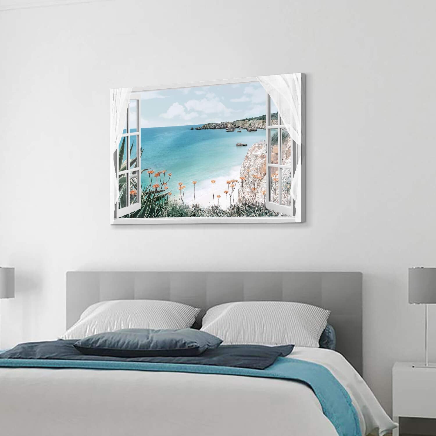 Hardy Gallery Coastal Painting Seascape Wall Art: Open Window View Picture Blue Ocean & Beach Artwork On Canvas For Bedroom (45