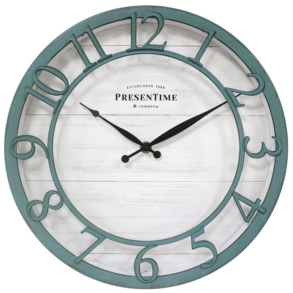 Presentime & Co 13 Farmhouse Series Wall Clock, Shiplap Style, Silent No Ticking, Coastal Clock, Raised 3D Arabic Numeral, Aged 