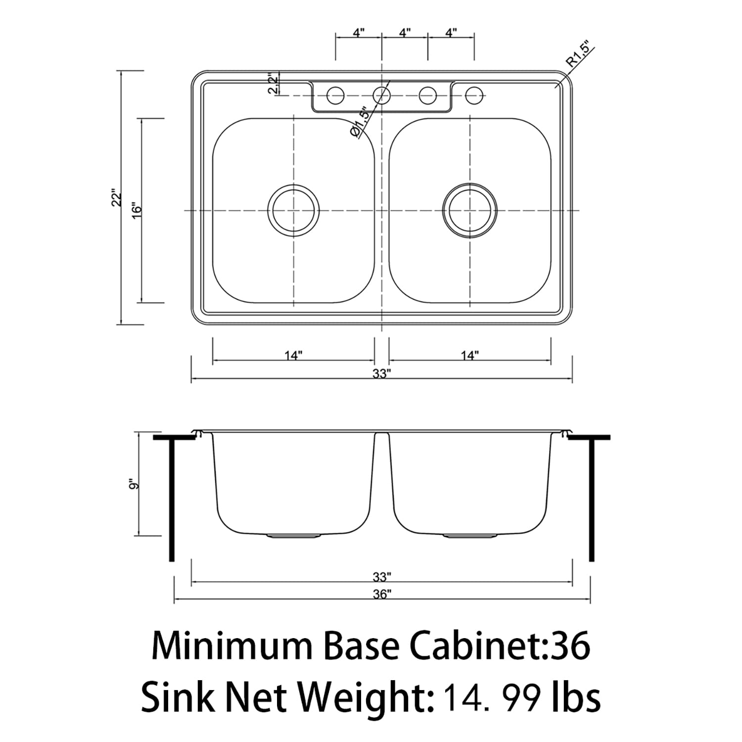 Sinber 33'' X 22'' X 9'' Drop In Double Bowl Kitchen Sink With 18 Gauge 304 Stainless Steel Satin Finish Mt3322D-Ol (Sink Only)