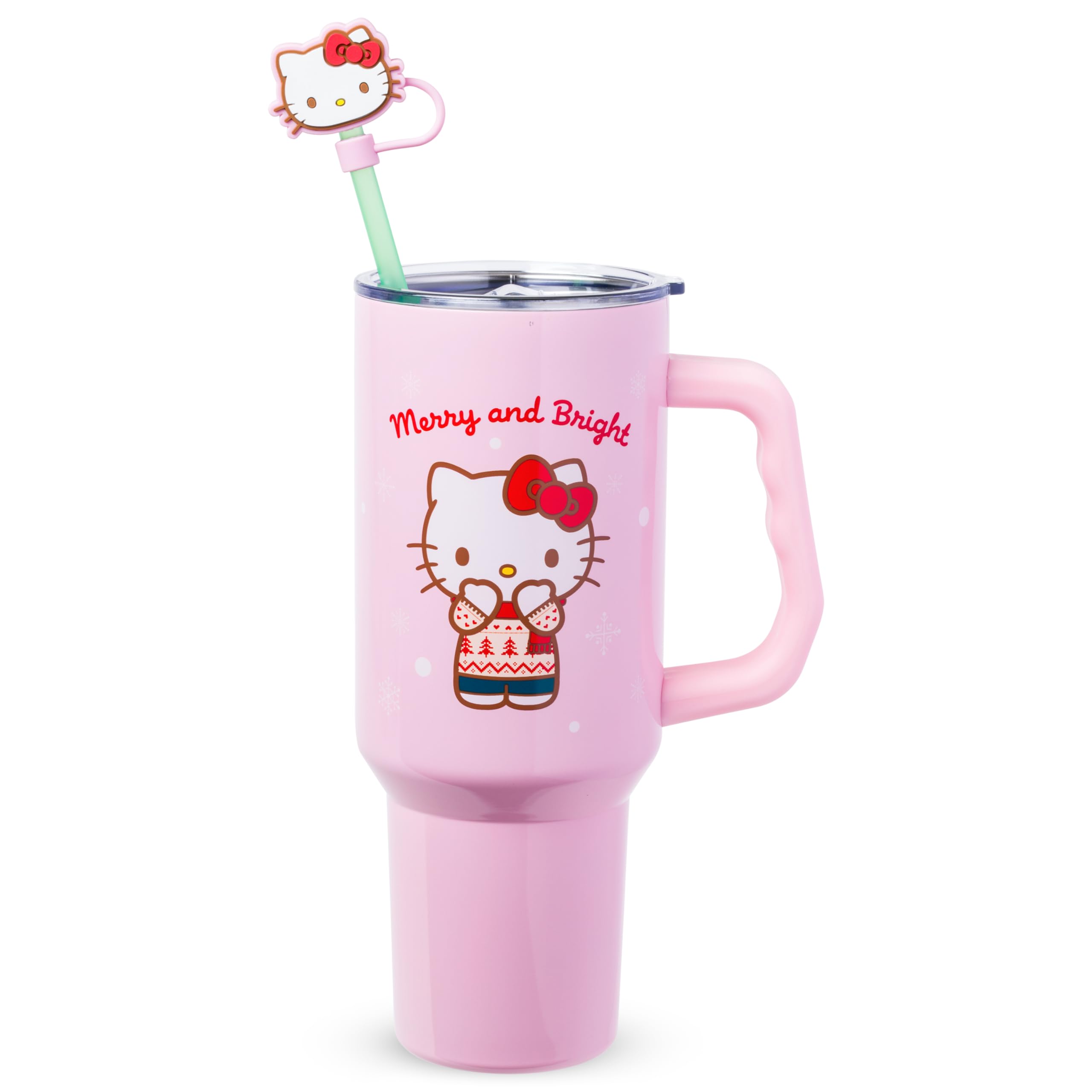 Silver Buffalo Sanrio Hello Kitty Christmas Holiday Sweater Merry and Bright Double Walled Stainless Steel Tumbler with Handle, 
