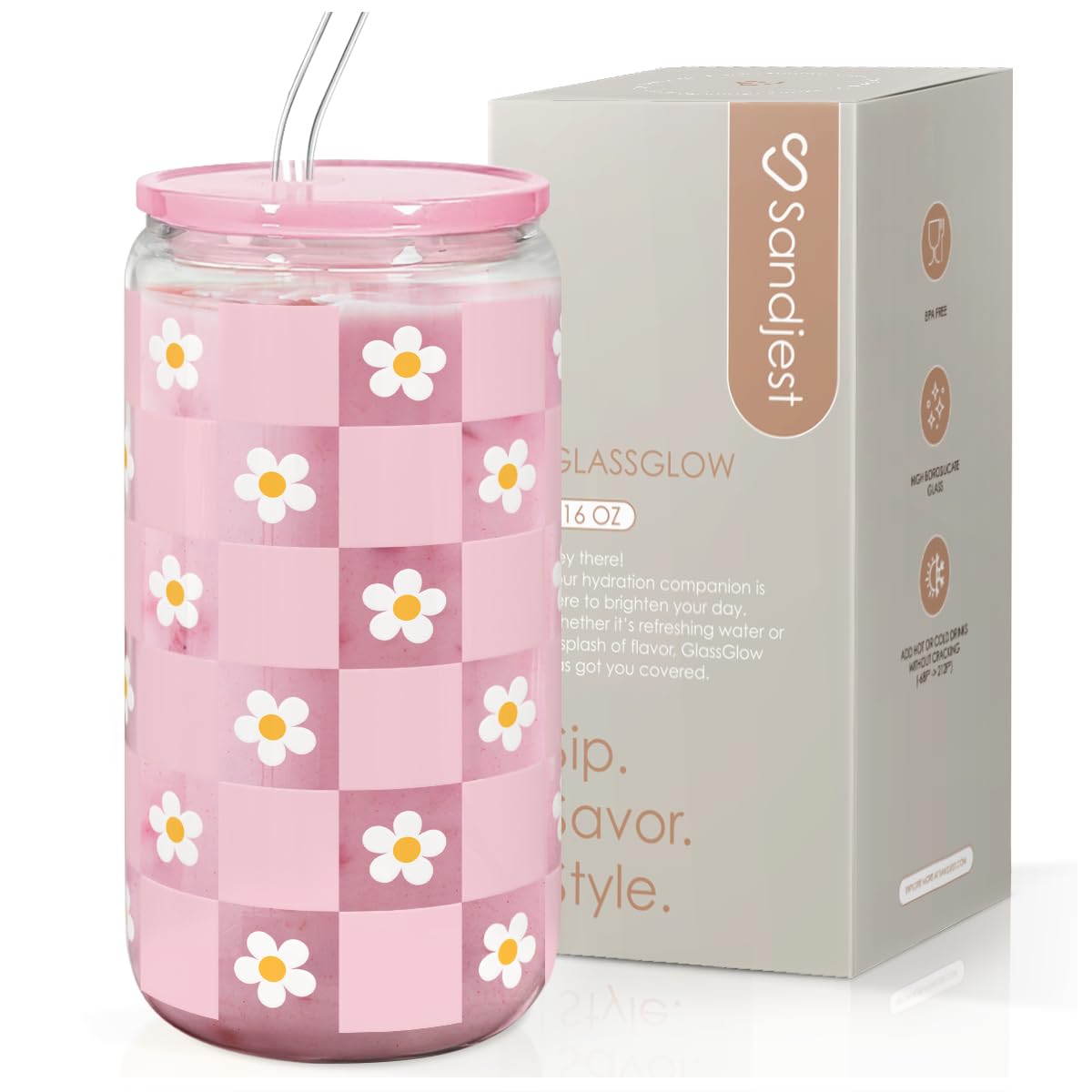 SANDJEST Checkerboard Daisies Glass Can, Floral Checker Cup with Lid & Straw, Iced Coffee Aesthetic Cups, Gift for Christmas Bir