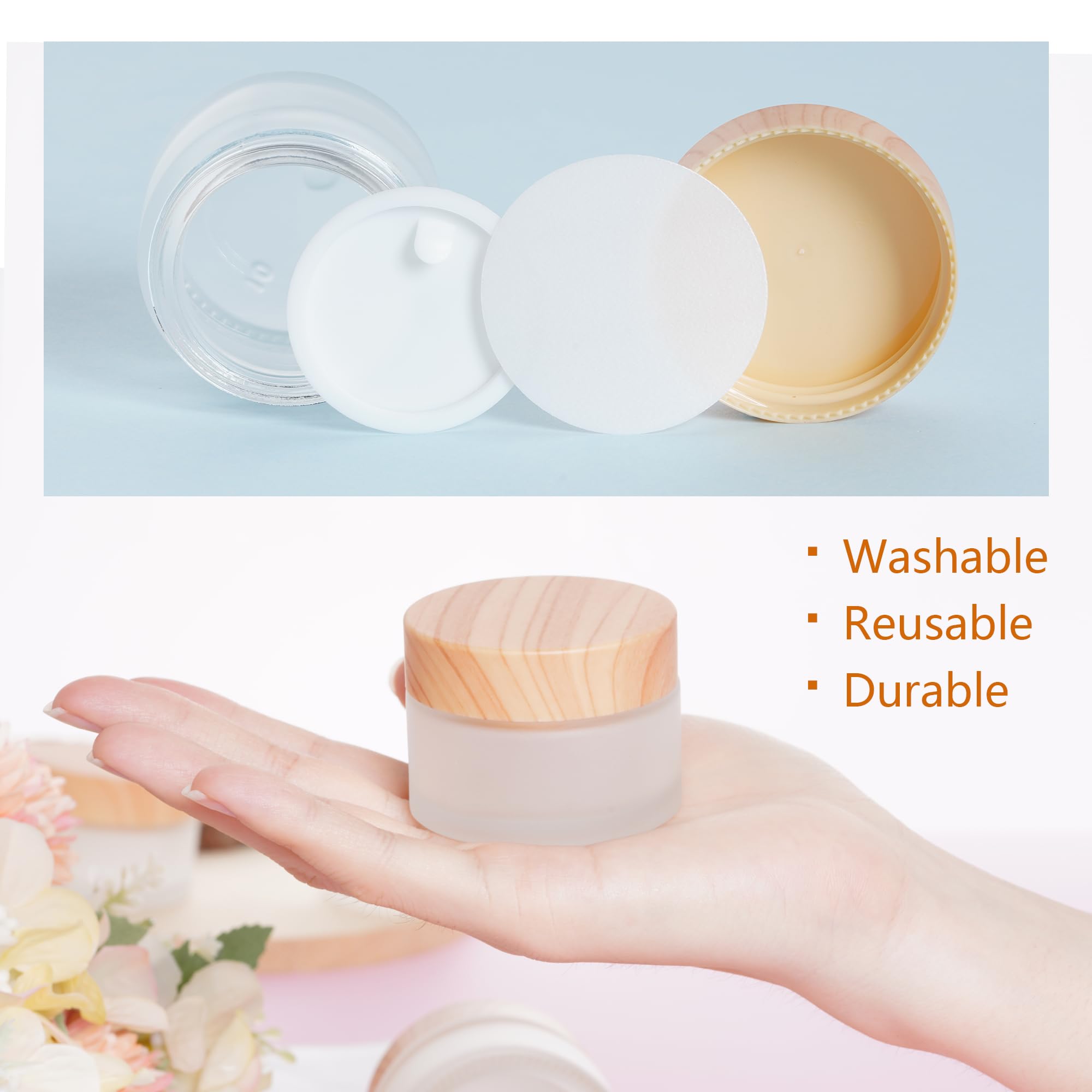 Miayon 6Pcs Glass Cosmetic Containers With Wood Grain Lid Refillable Cosmetic Jar Frosted Glass Cream Container With Leak-Proof