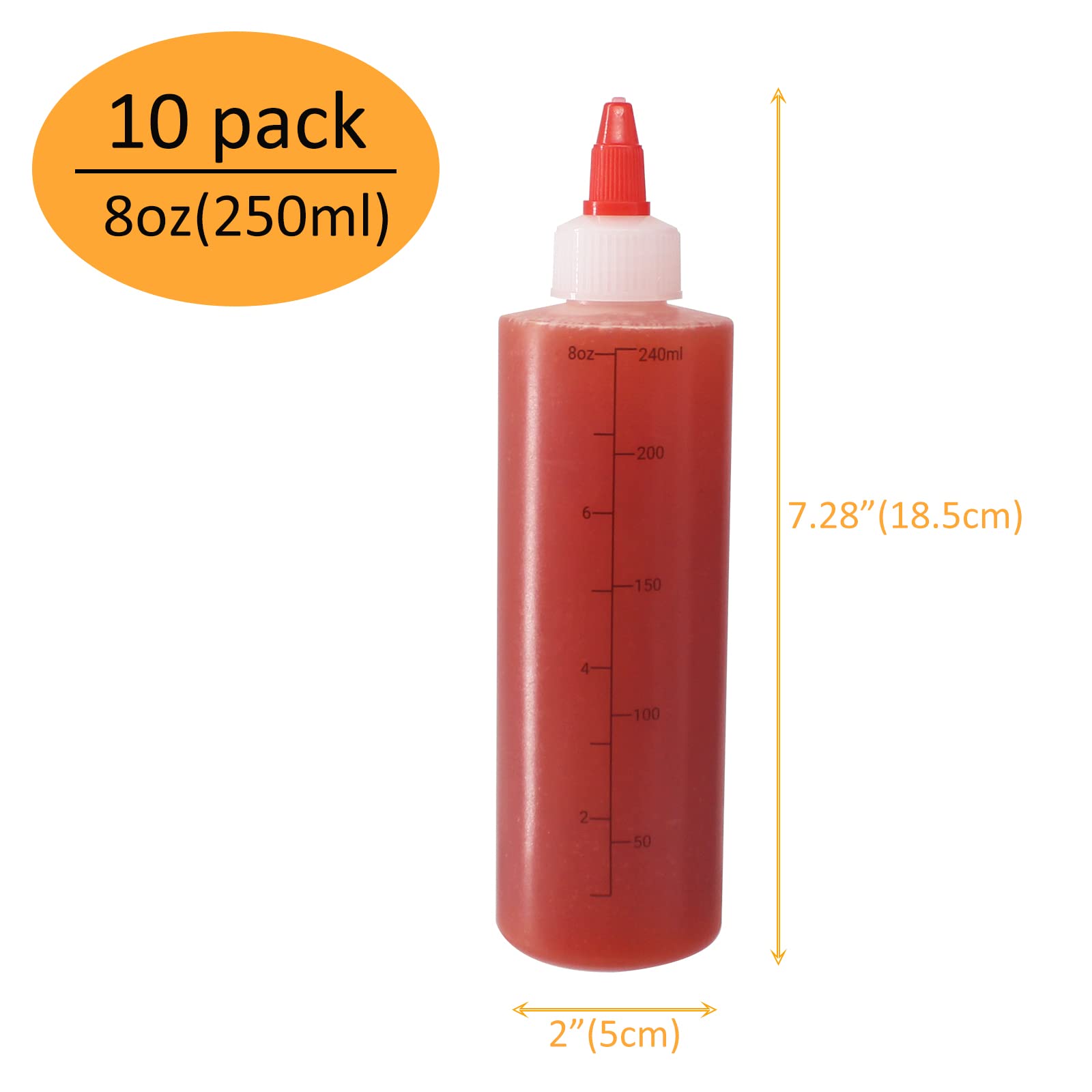 Belinlen 10 Pack 8 Oz Graduated Plastic Squeeze Squirt Condiment Bottles With Red Twist On Cap Lids - For Condiments, Oil, Icing