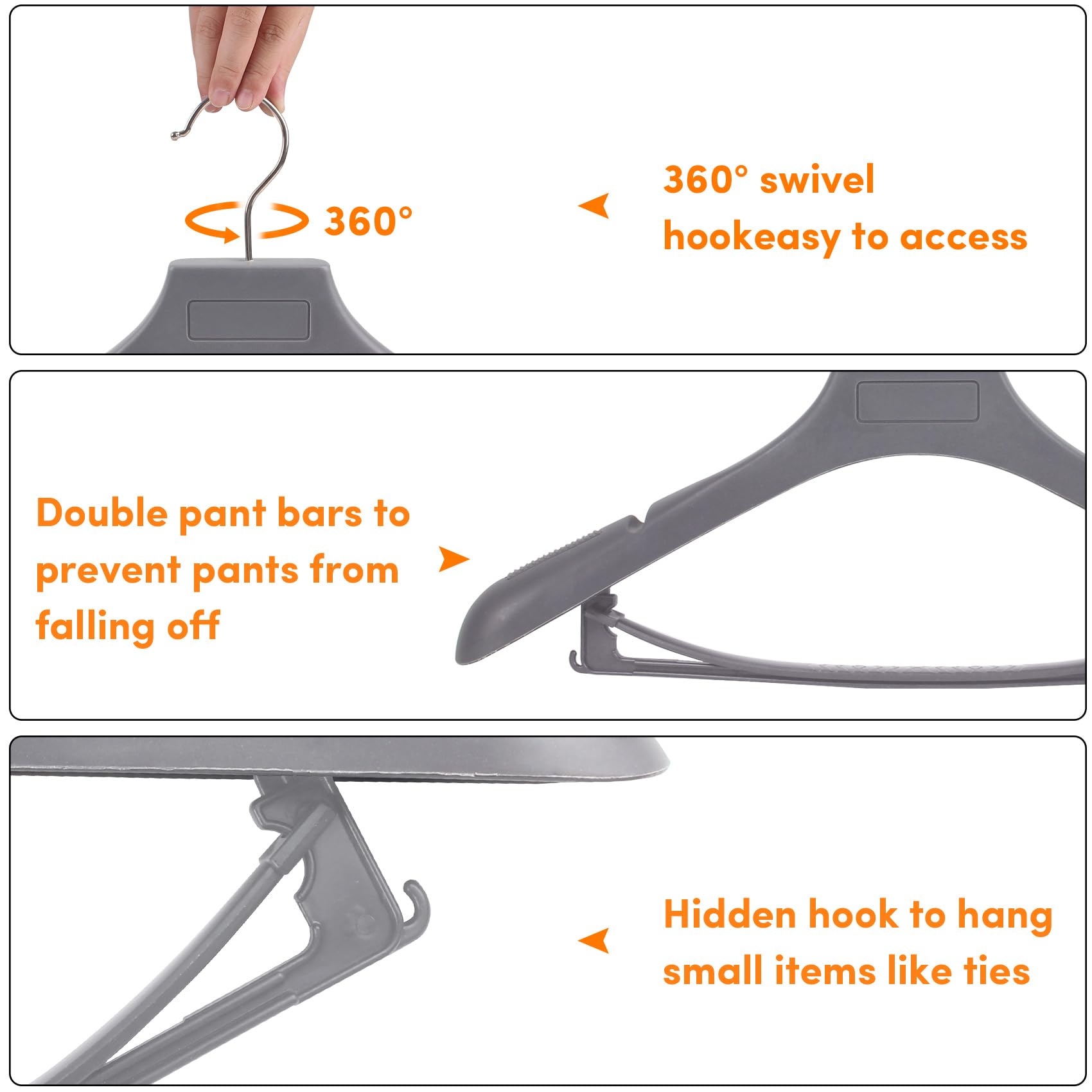 Dedu Suit Hangers For Men 40 Pack, Extra Wide Hangers Non Slip Width 17.7'', Grey Coat Hangers Thick Plastic With Pants Bar 360