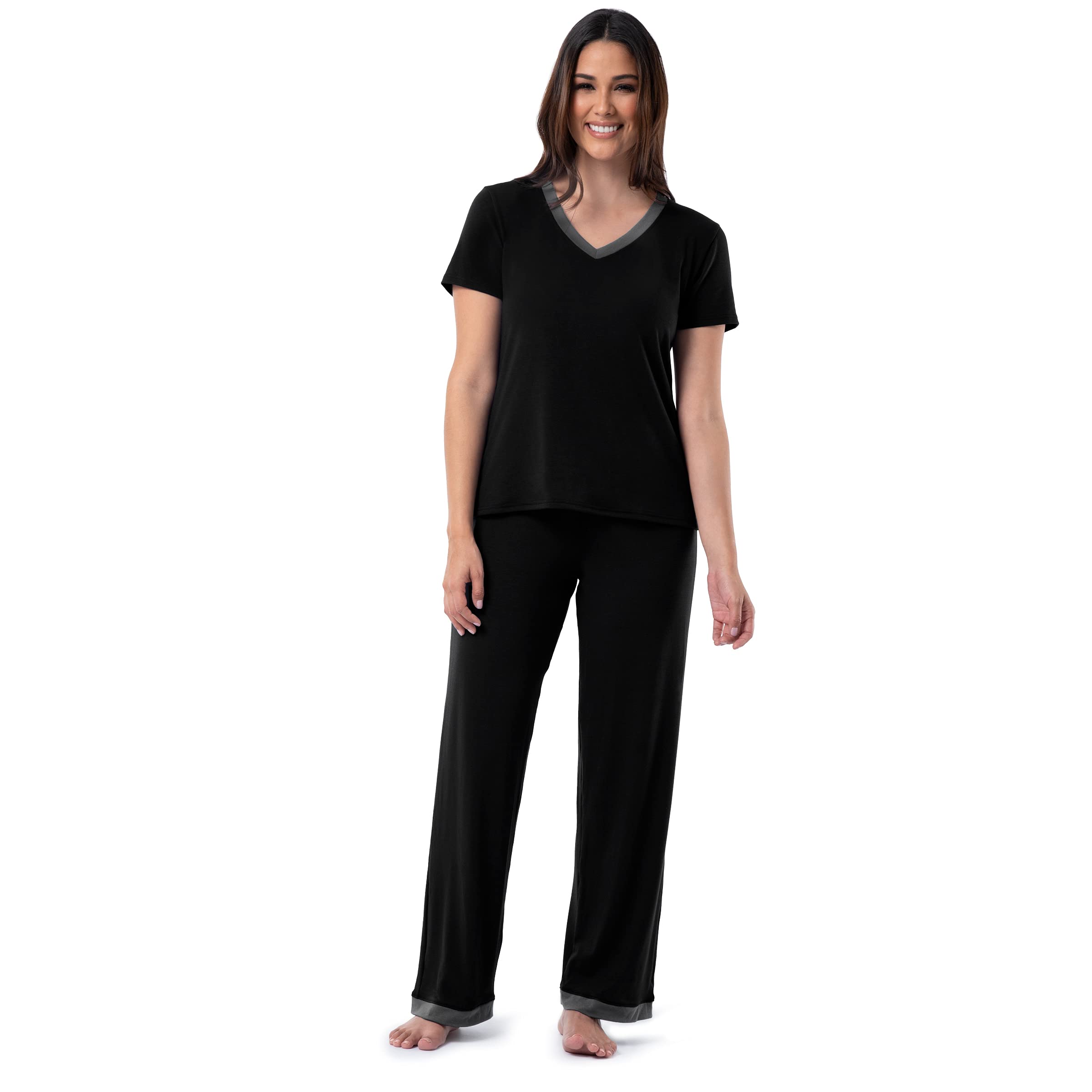 Fruit Of The Loom Womens Short Sleeve Tee And Pant 2 Piece Sleep Pajama Set, Black, Small