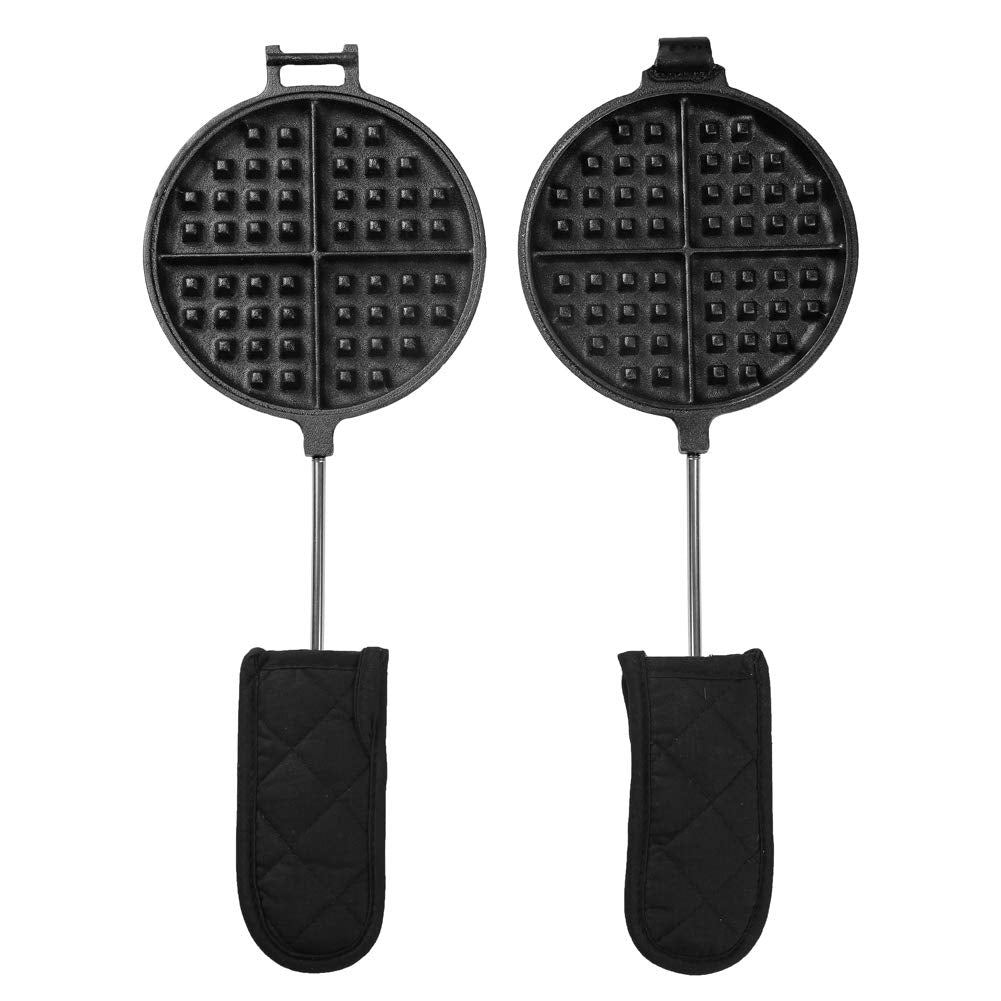 HAWOK Cast Iron Waffle Maker with Handle Holder, 6.7" Diameter, Black Round with Stainless Steel Handles