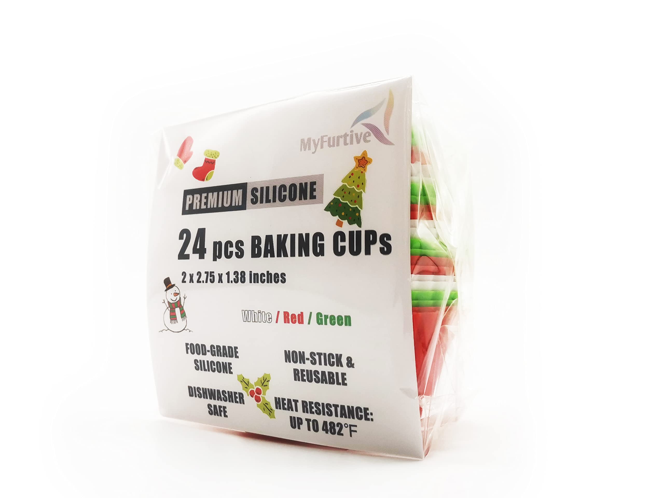 Silicone Cupcake Baking Cups - 24 Pieces Reusable, Muffin Liners, White, Red And Green, Bpa Free, Dishwasher Safe Myfurtive Baki