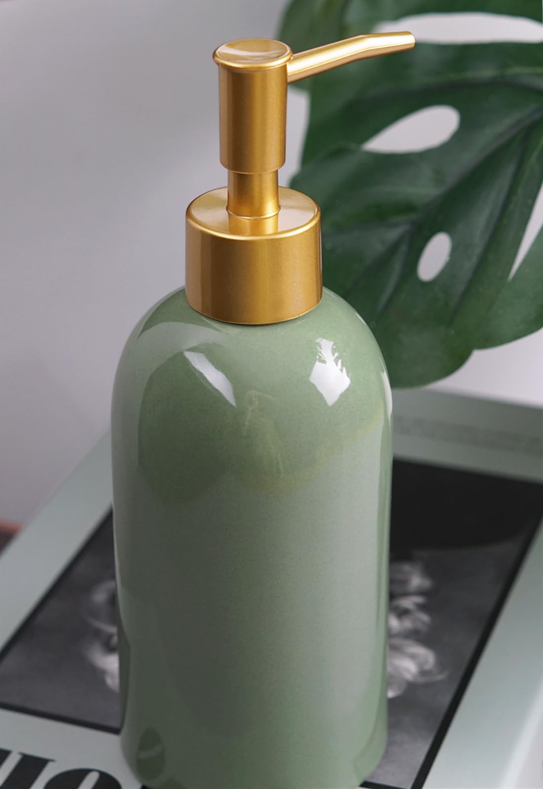 Ceramic Soap Dispenser Green With Gold Pump,Simple Design Cylindrical Lotion Dispenser Bottle,Refillable Liquid Hand Soap Dispen