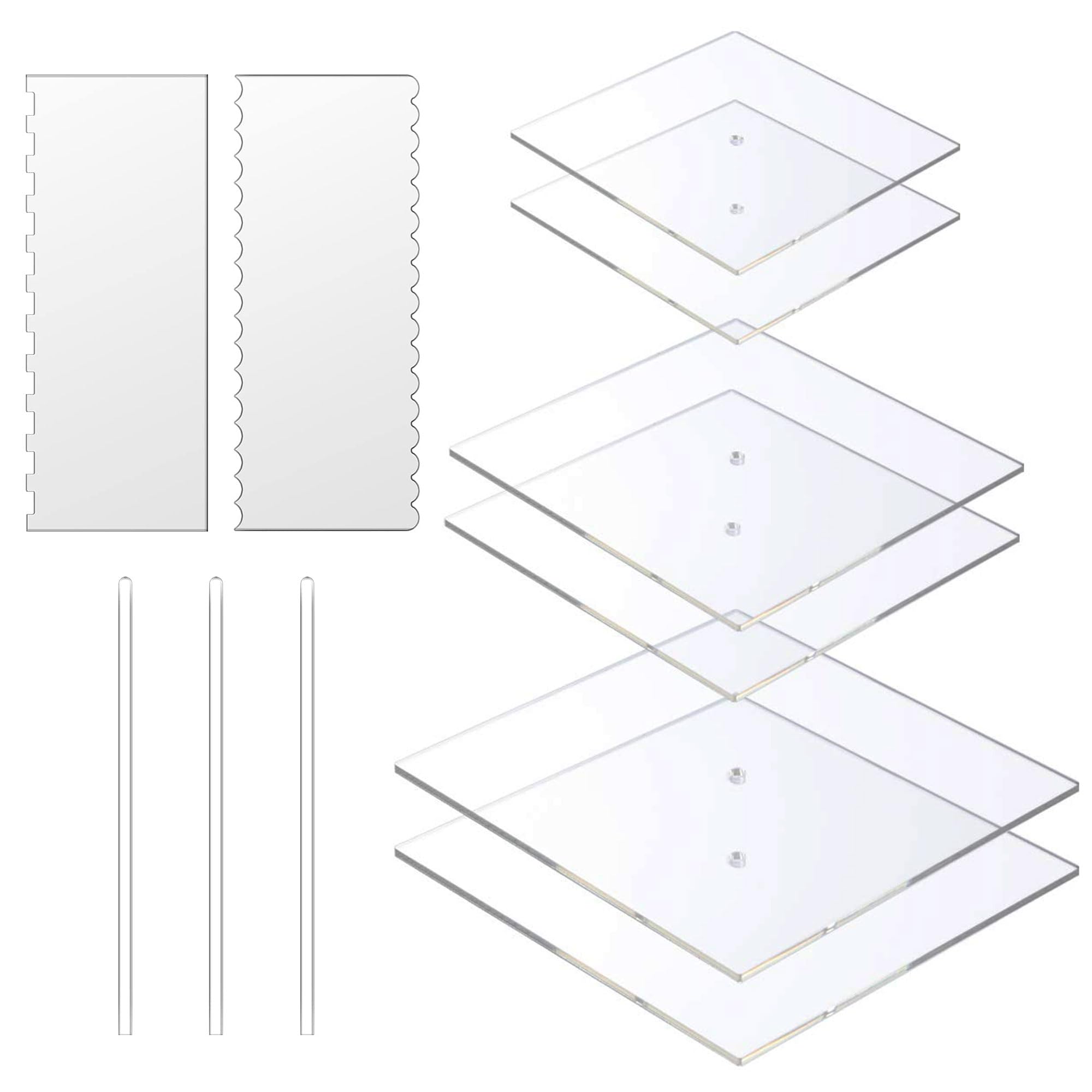 Boyun Acrylic Square Cake Disk Set,Acrylic Cake Discs Set,Comb Scrapers,Dowel Rods,Icing Scraper,Acrylic Scraper Smoother For 3