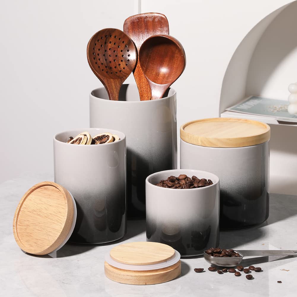 Sweejar Ceramic Food Storage Jar, Stackable Kitchen Canisters, Containers With Airtight Seal Wooden Lid For Serving Ground Coffe