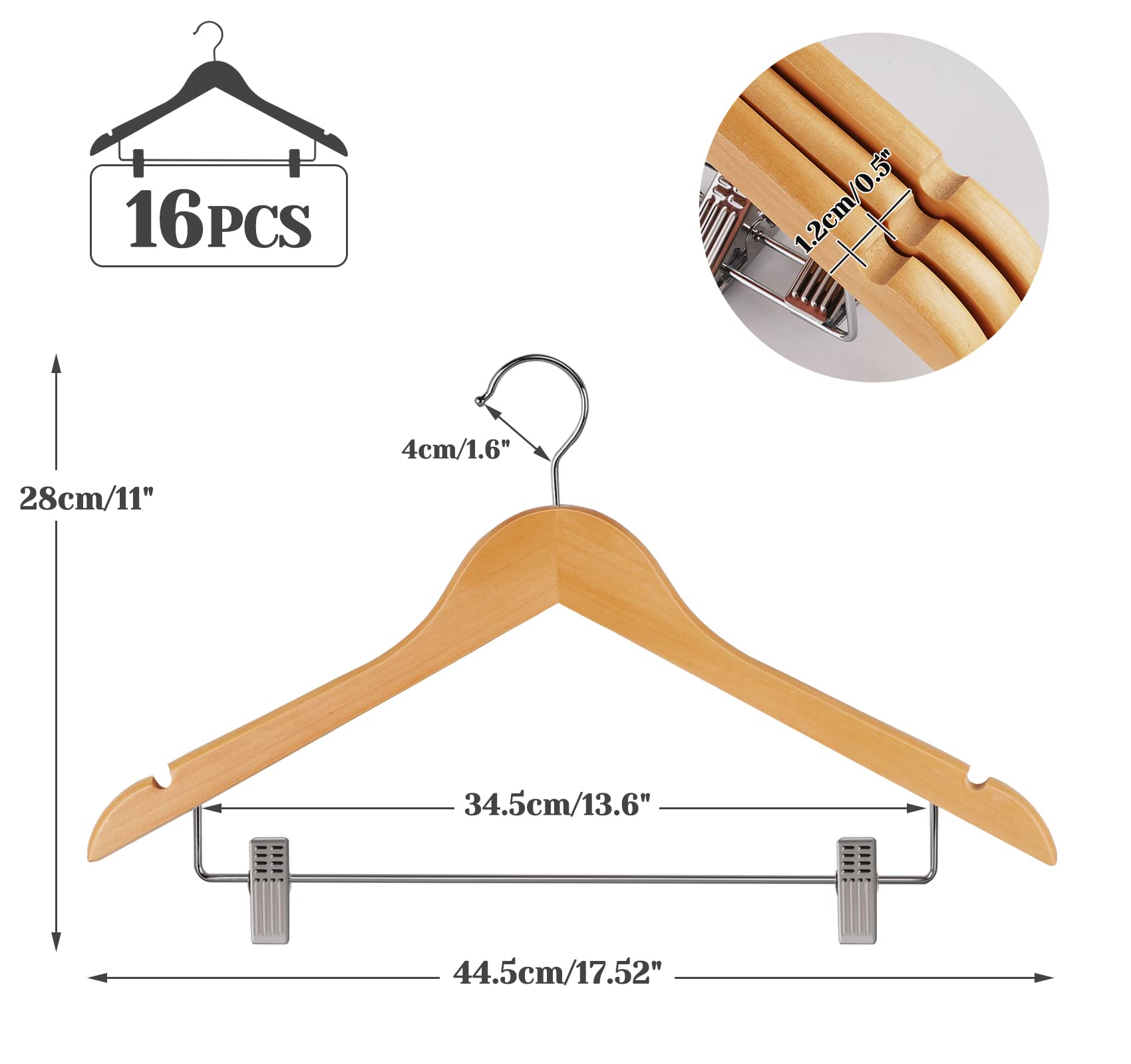 Hou  Sm 16Pack Wooden Hangers Skirt Hangers With Clips, Solid Wood Pants Hangers Natural Smooth Finish High-Grade Selected Wood
